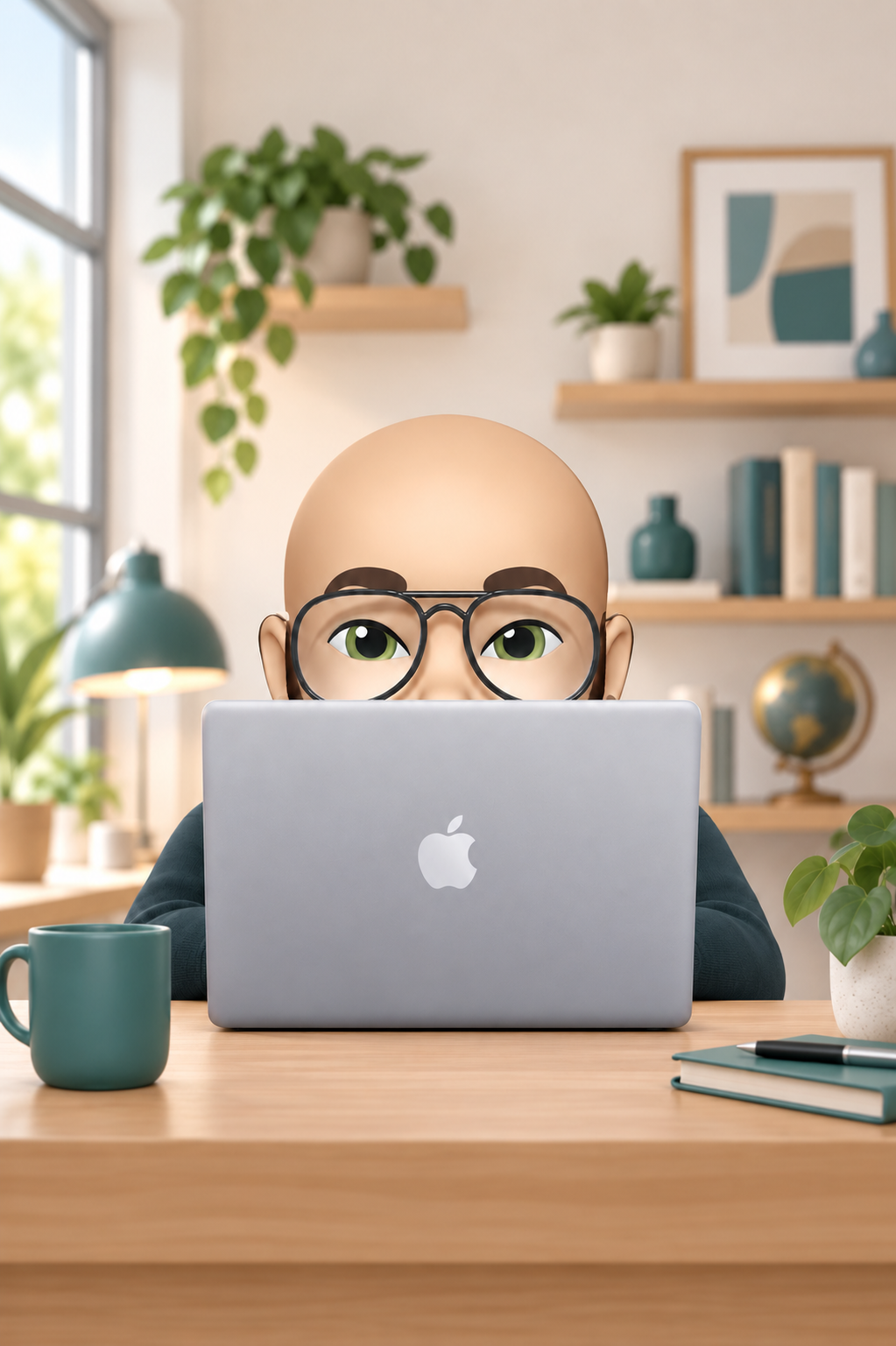Ilustración de Antón con gafas, trabajando ante un portátil en su escritorio